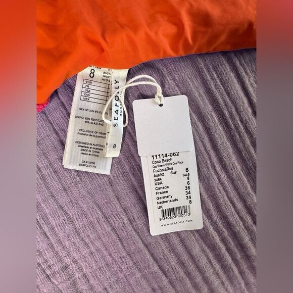 SEAFOLLY Coco Beach Terry Cap Sleeve V Wire One Piece Fuchsia Rose Size 8 - Picture 7 of 12